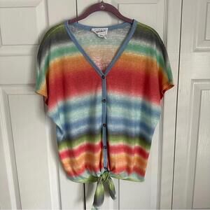 For The Republic Button Up Tie Front Rainbow Stripe Top Womens Sz M Beachy Boho